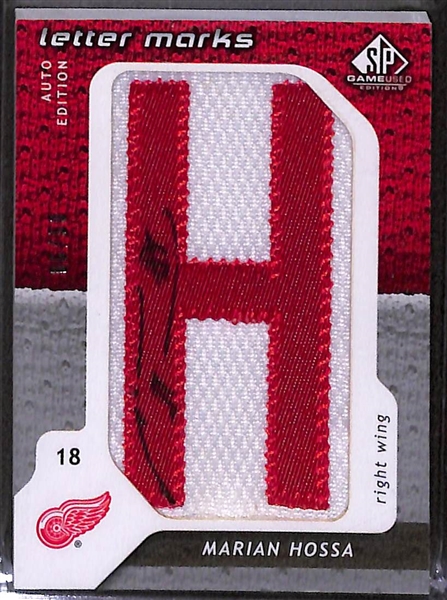 Lot of (2) 2008-09 Detroit Red Wings Hall of Fame Patch Autographs inc. The Cup Limited Logos Pavel Datsyuk (#/50), SP Game Used Marian Hossa Letter Marks (#/50)