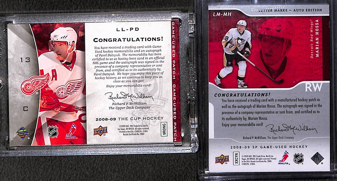 Lot of (2) 2008-09 Detroit Red Wings Hall of Fame Patch Autographs inc. The Cup Limited Logos Pavel Datsyuk (#/50), SP Game Used Marian Hossa Letter Marks (#/50)