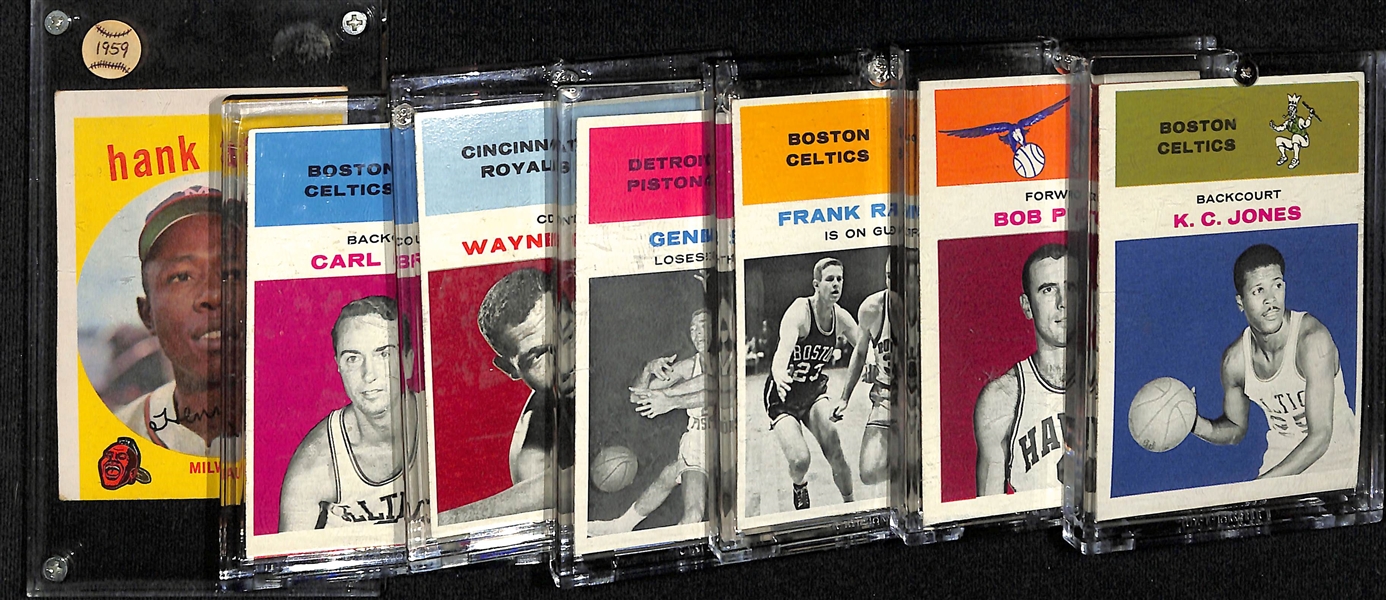 1959 Topps Hank Aaron & (6) 1961 Fleer Basketball Cards w. KC Jones