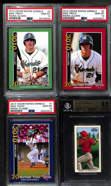 Lot of (4) Gem Mint 2010 Mike Trout Rookie/Pre-Rookie Cards inc. (3) Ceder Rapid Kernels PSA 10 Cards & Tristar Obak NSCC VIP Mini (BGS 9.5)