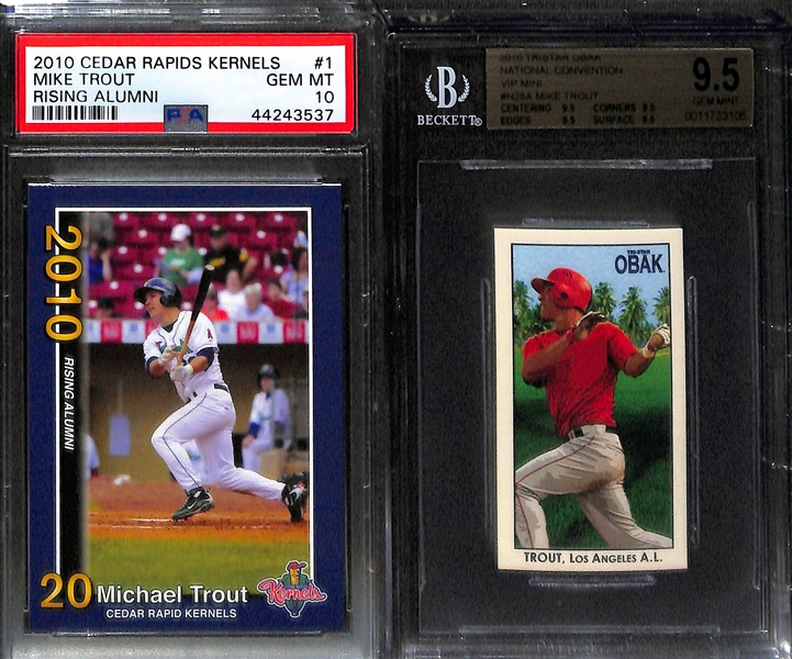 Lot of (4) Gem Mint 2010 Mike Trout Rookie/Pre-Rookie Cards inc. (3) Ceder Rapid Kernels PSA 10 Cards & Tristar Obak NSCC VIP Mini (BGS 9.5)