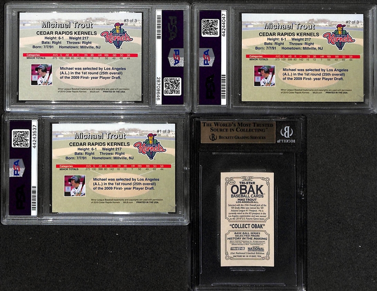 Lot of (4) Gem Mint 2010 Mike Trout Rookie/Pre-Rookie Cards inc. (3) Ceder Rapid Kernels PSA 10 Cards & Tristar Obak NSCC VIP Mini (BGS 9.5)