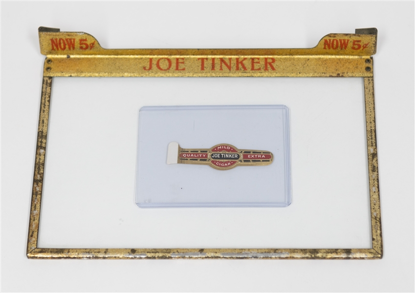  Early 1900s Joe Tinker Cigar Box Metal & Glass Lid w. Joe Tinker Cigar Wrapper Label