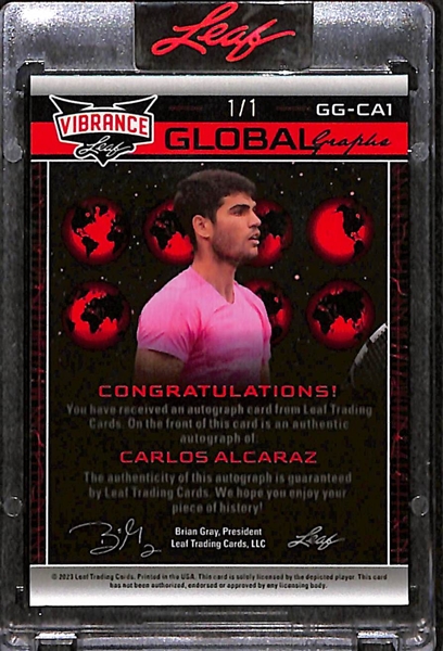 2023 Leaf Vibrance Carlos Alcaraz (2023 Wimbledon Winner) Global Impact Autograph Rookie Card (20-Year Old Tennis Star from Spain) #ed 1/1