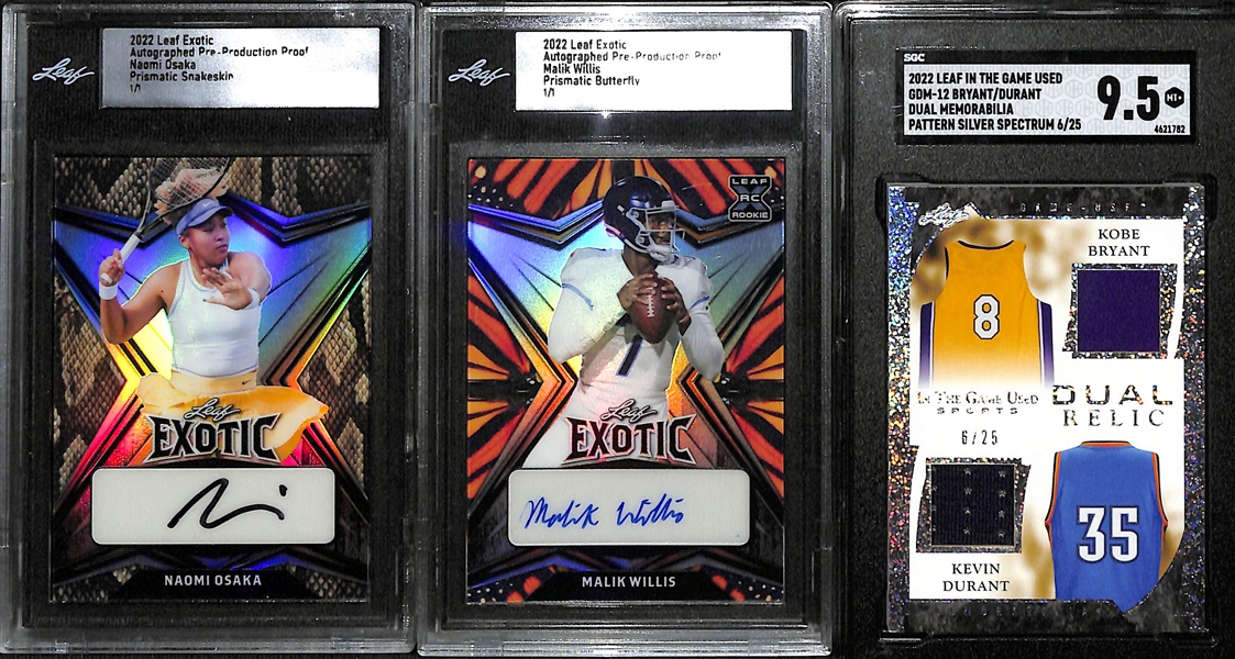 Lot of (3) Leaf Mixed Sports Cards w. 2022 Leaf Exotic Naomi Osaka #d 1/1, 2022 Leaf Exotic Malik Willis #d 1/1 and 2022 In The Game Dual Relic Kobe Bryant & Kevin Durant #d /25 and Graded SGC 9.5