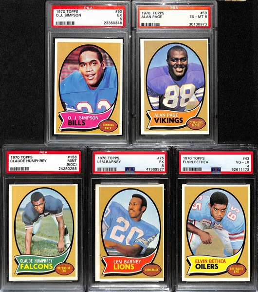 (5) Graded 1970 Topps Football HOF Rookie Cards - OJ Simpson (PSA 5),  Alan Page (PSA 6), Claude Humphrey (PSA 9 OC), Lem Barney (PSA 5), and Elvin Bethea (PSA 4)