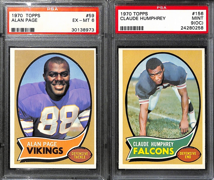 (5) Graded 1970 Topps Football HOF Rookie Cards - OJ Simpson (PSA 5),  Alan Page (PSA 6), Claude Humphrey (PSA 9 OC), Lem Barney (PSA 5), and Elvin Bethea (PSA 4)