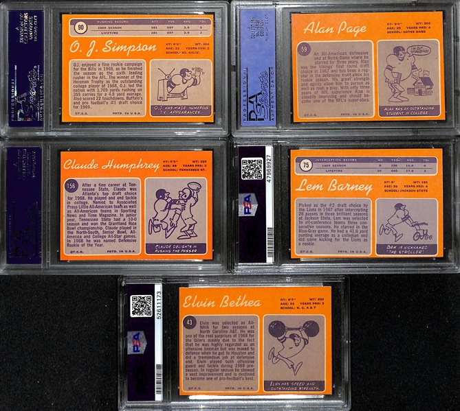 (5) Graded 1970 Topps Football HOF Rookie Cards - OJ Simpson (PSA 5),  Alan Page (PSA 6), Claude Humphrey (PSA 9 OC), Lem Barney (PSA 5), and Elvin Bethea (PSA 4)