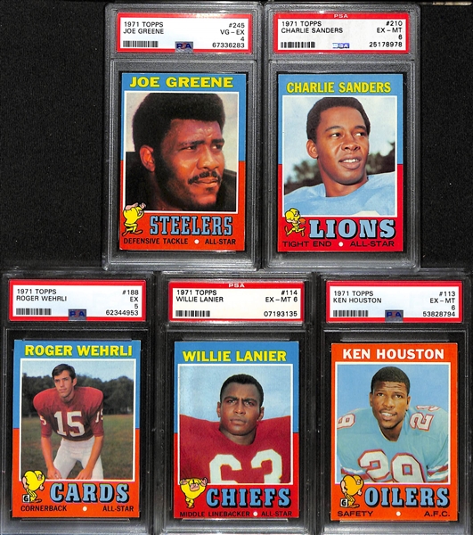 (5) Graded 1971 Topps Football HOF Rookies- Joe Greene (PSA 4), Charlie Sanders (PSA 6), Roger Wehrli (PSA 5), Willie Lanier (PSA 6), and Ken Houston (PSA 6)