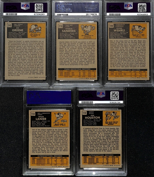 (5) Graded 1971 Topps Football HOF Rookies- Joe Greene (PSA 4), Charlie Sanders (PSA 6), Roger Wehrli (PSA 5), Willie Lanier (PSA 6), and Ken Houston (PSA 6)