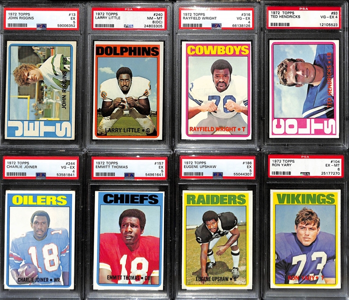 (8) Graded 1972 Topps Football HOF Rookies- John Riggins (PSA 5), Larry Little (PSA 8 OC), Rayfield Wright (PSA 4), Ted Hendricks (PSA 4), Charlie Joiner (PSA 4), +