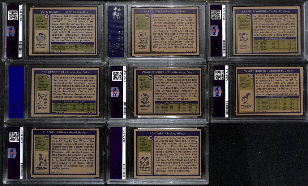 (8) Graded 1972 Topps Football HOF Rookies- John Riggins (PSA 5), Larry Little (PSA 8 OC), Rayfield Wright (PSA 4), Ted Hendricks (PSA 4), Charlie Joiner (PSA 4), +