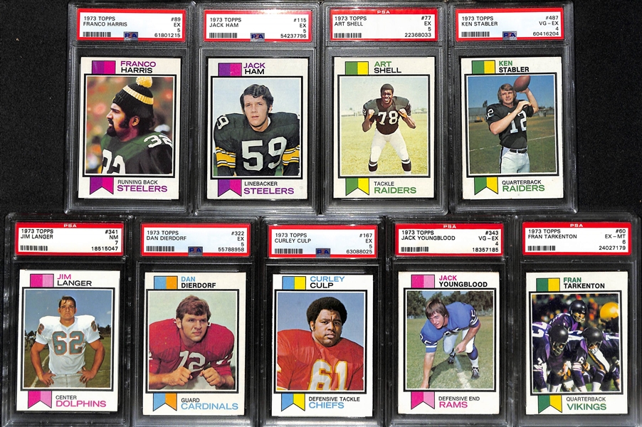 (9) Graded 1973 Topps Football HOF Rookie/Star Lot - Franco Harris (PSA 5), Jack Ham (PSA 5), Art Shell (PSA 5), Ken Stabler (PSA 4), Jim Langer (PSA 7), +