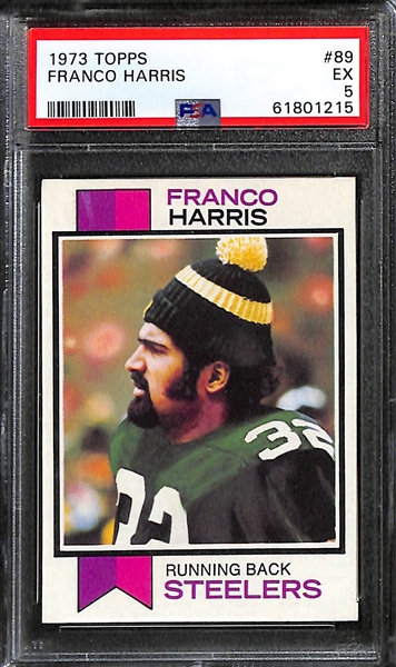 (9) Graded 1973 Topps Football HOF Rookie/Star Lot - Franco Harris (PSA 5), Jack Ham (PSA 5), Art Shell (PSA 5), Ken Stabler (PSA 4), Jim Langer (PSA 7), +