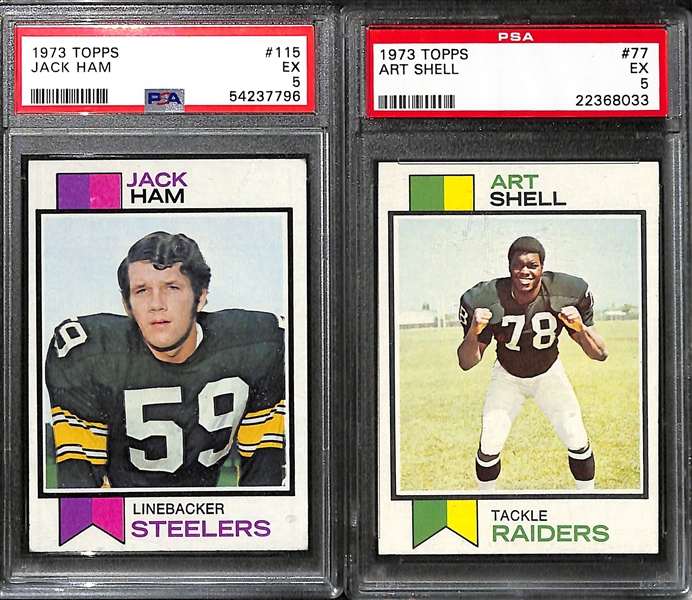 (9) Graded 1973 Topps Football HOF Rookie/Star Lot - Franco Harris (PSA 5), Jack Ham (PSA 5), Art Shell (PSA 5), Ken Stabler (PSA 4), Jim Langer (PSA 7), +