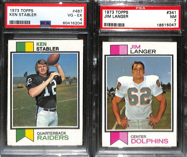 (9) Graded 1973 Topps Football HOF Rookie/Star Lot - Franco Harris (PSA 5), Jack Ham (PSA 5), Art Shell (PSA 5), Ken Stabler (PSA 4), Jim Langer (PSA 7), +