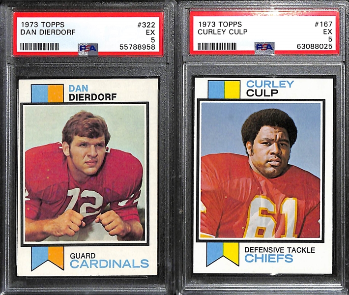 (9) Graded 1973 Topps Football HOF Rookie/Star Lot - Franco Harris (PSA 5), Jack Ham (PSA 5), Art Shell (PSA 5), Ken Stabler (PSA 4), Jim Langer (PSA 7), +