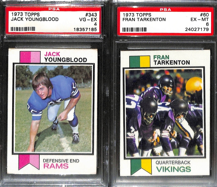 (9) Graded 1973 Topps Football HOF Rookie/Star Lot - Franco Harris (PSA 5), Jack Ham (PSA 5), Art Shell (PSA 5), Ken Stabler (PSA 4), Jim Langer (PSA 7), +