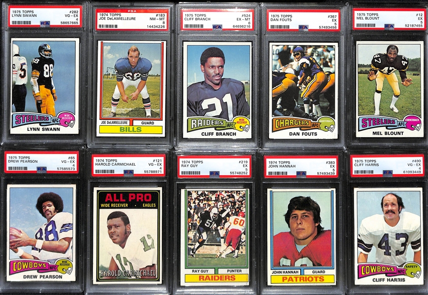 (10) Graded 1974 & 1975 Topps Football HOF Rookies- Lynn Swann (PSA 4),  Joe DeLamielleure (PSA 8), Cliff Branch (PSA 6), Dan Fouts (PSA 5), Mel Blount (PSA 5), Drew Pearson (PSA 4), +