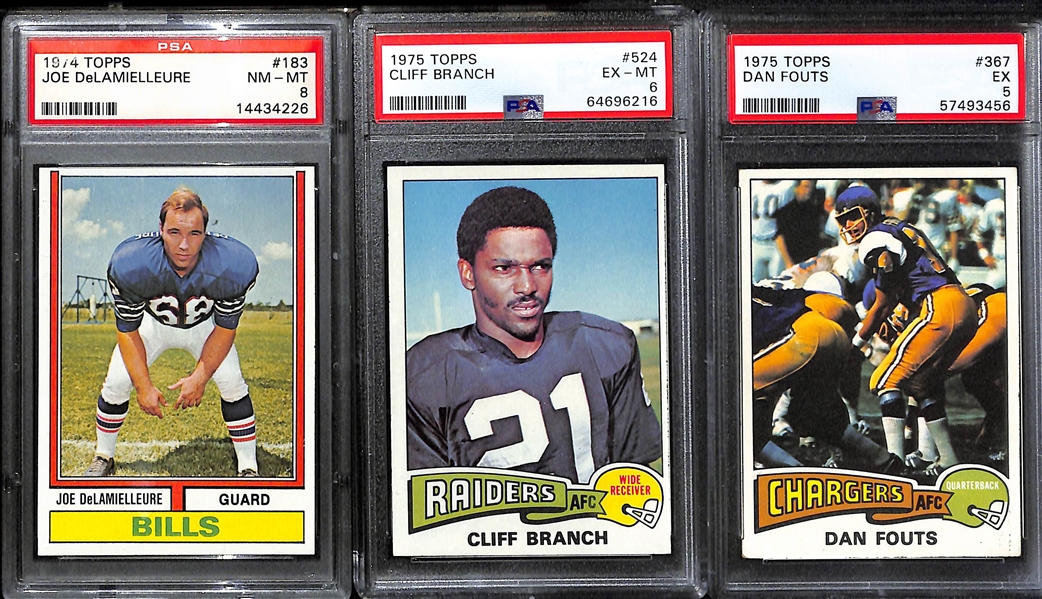 (10) Graded 1974 & 1975 Topps Football HOF Rookies- Lynn Swann (PSA 4),  Joe DeLamielleure (PSA 8), Cliff Branch (PSA 6), Dan Fouts (PSA 5), Mel Blount (PSA 5), Drew Pearson (PSA 4), +