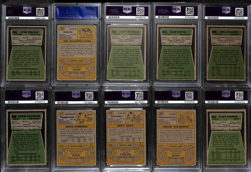 (10) Graded 1974 & 1975 Topps Football HOF Rookies- Lynn Swann (PSA 4),  Joe DeLamielleure (PSA 8), Cliff Branch (PSA 6), Dan Fouts (PSA 5), Mel Blount (PSA 5), Drew Pearson (PSA 4), +