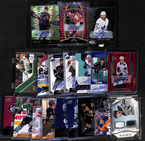 (19) Upper Deck Hockey Cards Inc. (9) Autographs- 2020-21 Allure Bowen Byram Grand Entrance Green Rookie, 2020-21 Allure Joel Farabee Red Rainbow Rookie (#/349), 2020-21 Metal Universe Timothy...