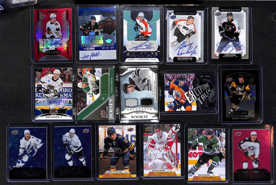 (19) Upper Deck Hockey Cards Inc. (9) Autographs- 2020-21 Allure Bowen Byram Grand Entrance Green Rookie, 2020-21 Allure Joel Farabee Red Rainbow Rookie (#/349), 2020-21 Metal Universe Timothy...