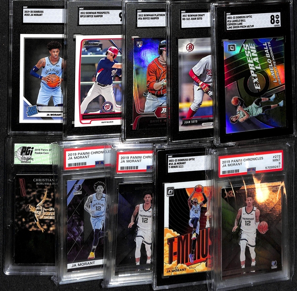 (10) Mostly SGC Graded Multisport Superstar Rookies and Inserts inc. Ja Morant, Bryce Harper, Juan Soto, Lamelo Ball, and Christian Pulisic