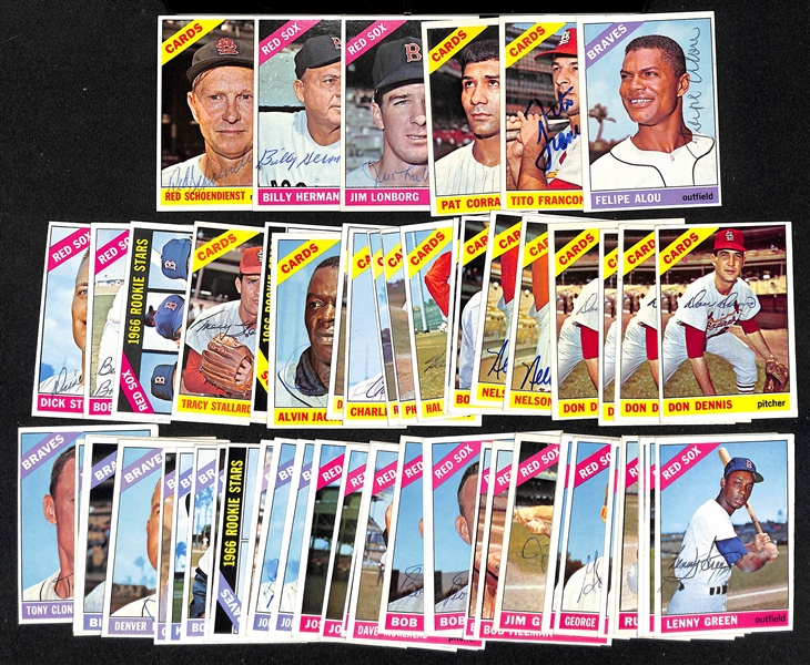 (59) 1966 Topps Signed Braves, Red Sox and Cardinals Cards w. Red Schoendienst, Billy Herman, Jim Lonborg, Pat Corrales, Tito Francona, and Felipe Alou, + (Inc. JSA Auction Letter) 