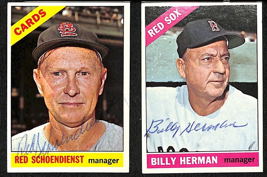 (59) 1966 Topps Signed Braves, Red Sox and Cardinals Cards w. Red Schoendienst, Billy Herman, Jim Lonborg, Pat Corrales, Tito Francona, and Felipe Alou, + (Inc. JSA Auction Letter) 