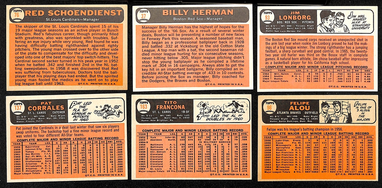 (59) 1966 Topps Signed Braves, Red Sox and Cardinals Cards w. Red Schoendienst, Billy Herman, Jim Lonborg, Pat Corrales, Tito Francona, and Felipe Alou, + (Inc. JSA Auction Letter) 