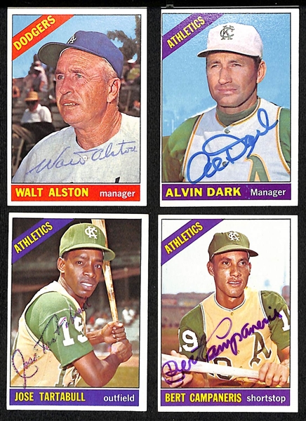 (54) 1966 Topps Signed Dodgers, Giants and A's Cards w. Walt Alston, Alvin Dark, Jose Tartabull, and Bert Campaneris, + (Inc. JSA Auction Letter) 