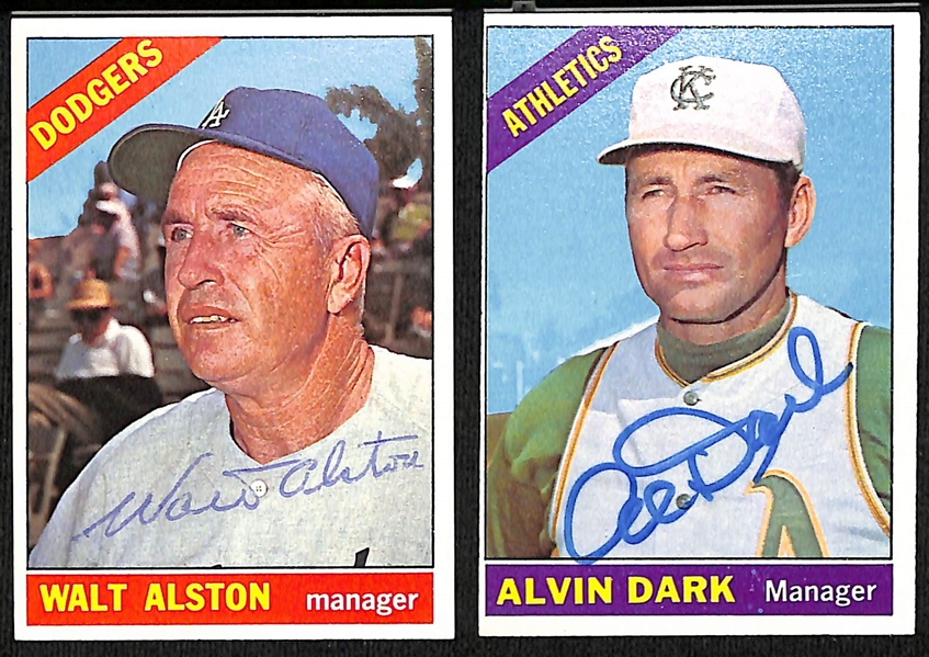 (54) 1966 Topps Signed Dodgers, Giants and A's Cards w. Walt Alston, Alvin Dark, Jose Tartabull, and Bert Campaneris, + (Inc. JSA Auction Letter) 