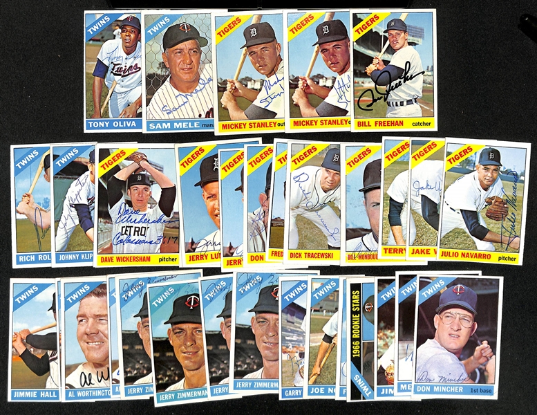 (34) 1966 Topps Signed Tigers & Twins Cards w. Tony Oliva, Sam Mele, (2) Mickey Stanley, and Bill Freehan, + (Inc. JSA Auction Letter)