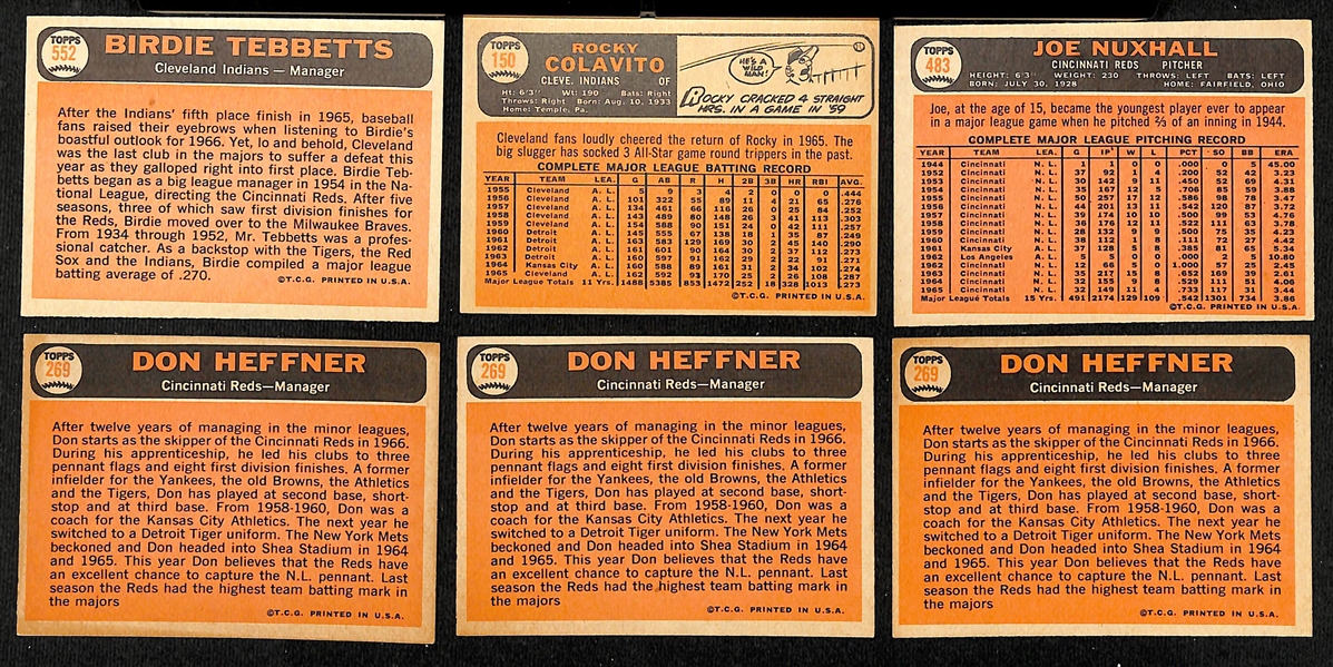 (51) 1966 Topps Signed Indians & Reds Cards w. Birdie Tebbetts, Rocky Colavito, (3) Don Heffner, and Joe Nuxhall, + (Inc. JSA Auction Letter)