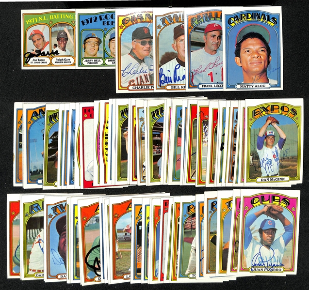 Lot of (81) 1972 Signed Topps Baseball Cards w. Torre, Porter, Fox, Rigney, Lucchesi, and Alou, + (Inc. JSA Auction Letter)