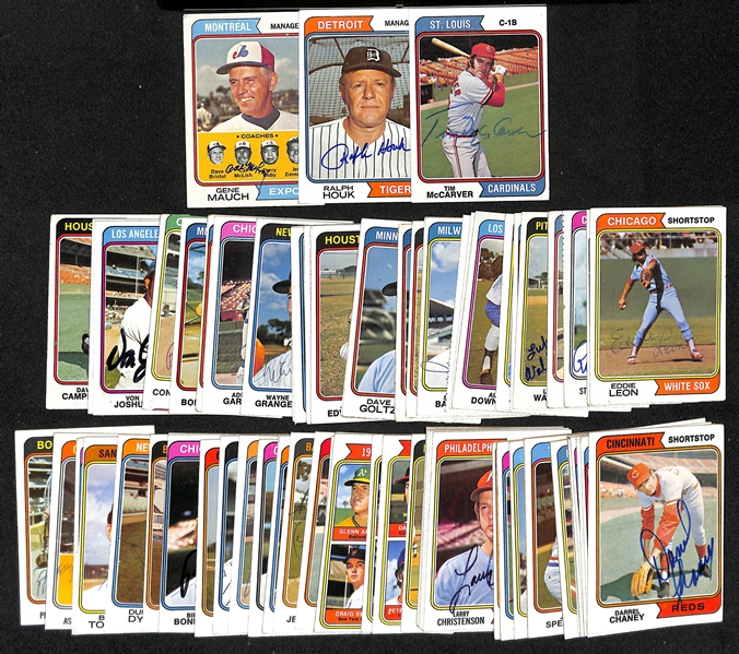 Lot of (79) Signed Topps 1974 Baseball Cards w. McCarver, Houk, and Mauch, + (Inc. JSA Auction Letter) 