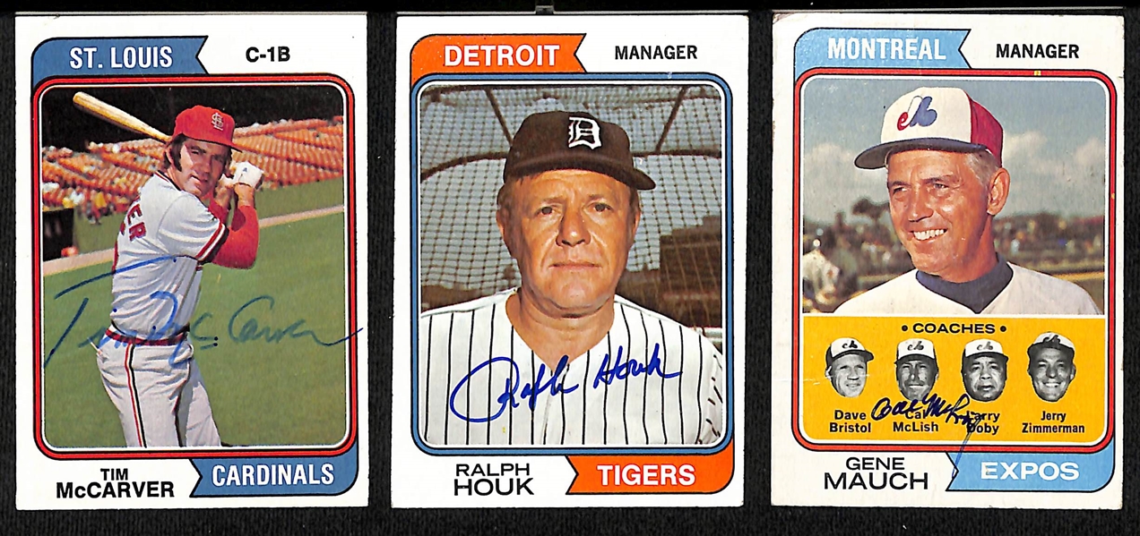 Lot of (79) Signed Topps 1974 Baseball Cards w. McCarver, Houk, and Mauch, + (Inc. JSA Auction Letter) 