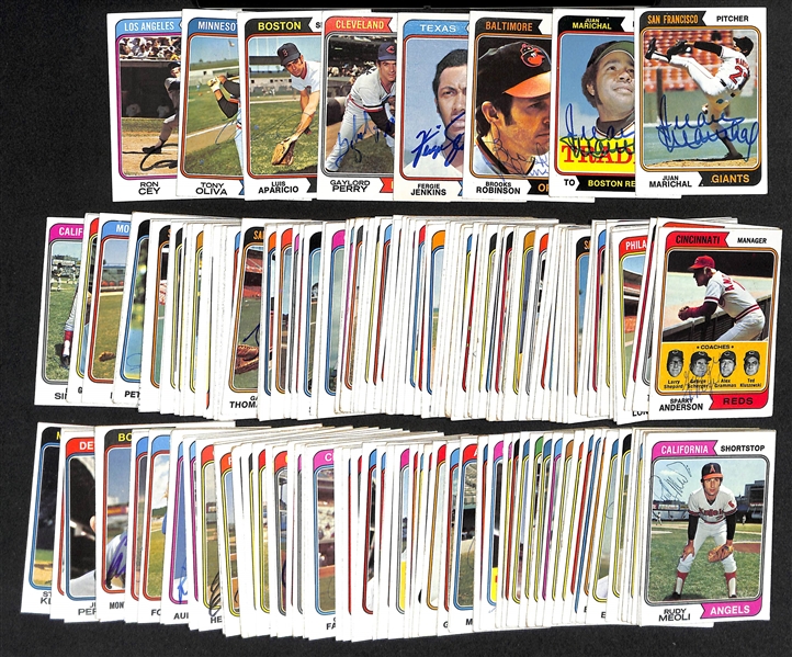 Over (160) Signed 1974 Baseball Cards w. (2) Marichal, Robinson, Jenkins, Perry, Aparicio, Oliva, and Cey, + (Inc. JSA Auction Letter) 