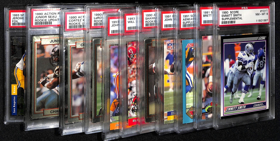 (11) PSA Graded Football HOF Rookies- Emmitt Smith (PSA 8), Brett Favre (PSA 6), Aeneas Williams (PSA 9), John Randle (PSA 8), Shannon Sharpe (PSA 6), +