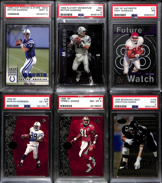 (11) PSA Graded Football HOF Rookies - Peyton Manning Momentum (PSA 9), Peyton Manning Leaf (PSA 9), Tony Gonzalez (PSA 7), Marvin Harrison (PSA 9), Terrell Owens (PSA 8), Jonathan Ogden (PSA 9), +