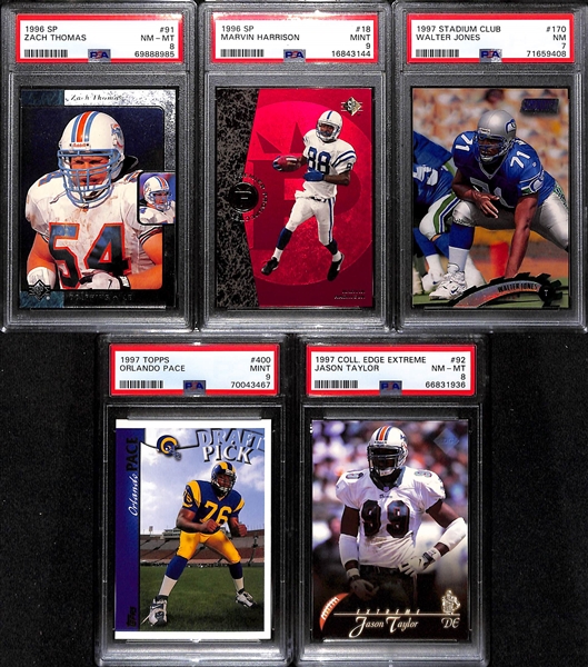 (11) PSA Graded Football HOF Rookies - Peyton Manning Momentum (PSA 9), Peyton Manning Leaf (PSA 9), Tony Gonzalez (PSA 7), Marvin Harrison (PSA 9), Terrell Owens (PSA 8), Jonathan Ogden (PSA 9), +