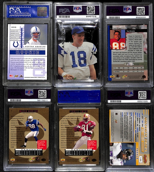 (11) PSA Graded Football HOF Rookies - Peyton Manning Momentum (PSA 9), Peyton Manning Leaf (PSA 9), Tony Gonzalez (PSA 7), Marvin Harrison (PSA 9), Terrell Owens (PSA 8), Jonathan Ogden (PSA 9), +