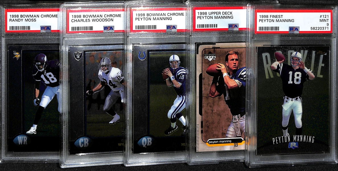 (5) PSA Graded 1998 Football HOF Rookies- (3) Peyton Manning (Finest PSA 9, Upper Deck PSA 9, Bowman Chrome PSA 8), Charles Woodson B. Chrome (PSA 9), Randy Moss B. Chrome (PSA 9)