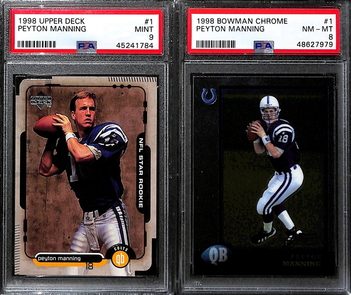 (5) PSA Graded 1998 Football HOF Rookies- (3) Peyton Manning (Finest PSA 9, Upper Deck PSA 9, Bowman Chrome PSA 8), Charles Woodson B. Chrome (PSA 9), Randy Moss B. Chrome (PSA 9)