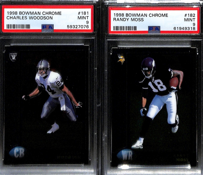 (5) PSA Graded 1998 Football HOF Rookies- (3) Peyton Manning (Finest PSA 9, Upper Deck PSA 9, Bowman Chrome PSA 8), Charles Woodson B. Chrome (PSA 9), Randy Moss B. Chrome (PSA 9)