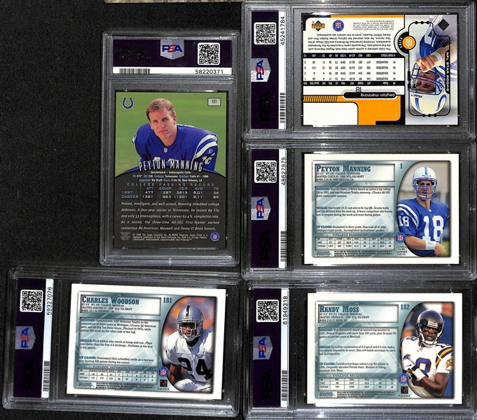 (5) PSA Graded 1998 Football HOF Rookies- (3) Peyton Manning (Finest PSA 9, Upper Deck PSA 9, Bowman Chrome PSA 8), Charles Woodson B. Chrome (PSA 9), Randy Moss B. Chrome (PSA 9)