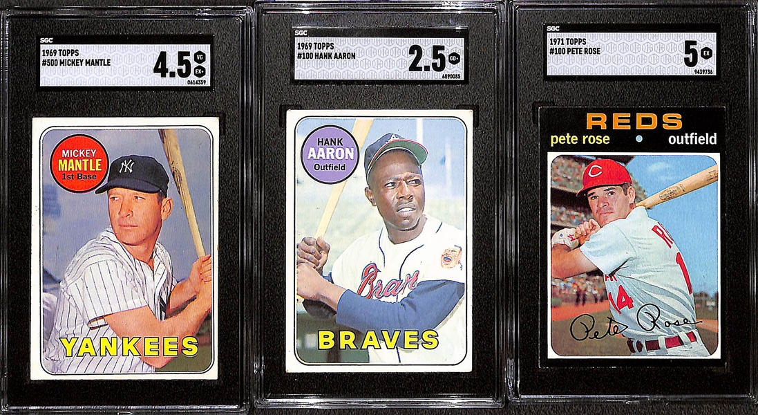 1969 Topps # 500 Mickey Mantle SGC 4.5, 1969 Topps # 100 Hank Aaron SGC 2.5 and 1971 Topps # 100 Pete Rose SGC 5