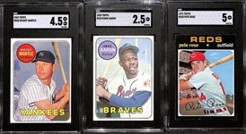 1969 Topps # 500 Mickey Mantle SGC 4.5, 1969 Topps # 100 Hank Aaron SGC 2.5 and 1971 Topps # 100 Pete Rose SGC 5