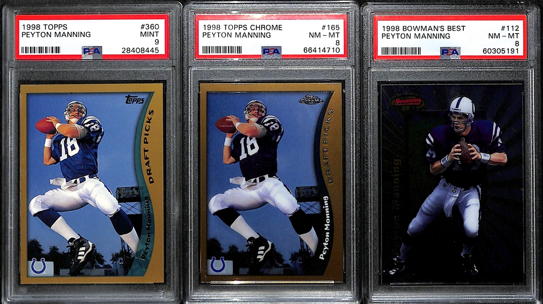 Lot of (3) PSA Graded Peyton Manning 1998 Rookie Cards- Topps Chrome (PSA 8), Topps (PSA 9), Bowman's Best (PSA 8)